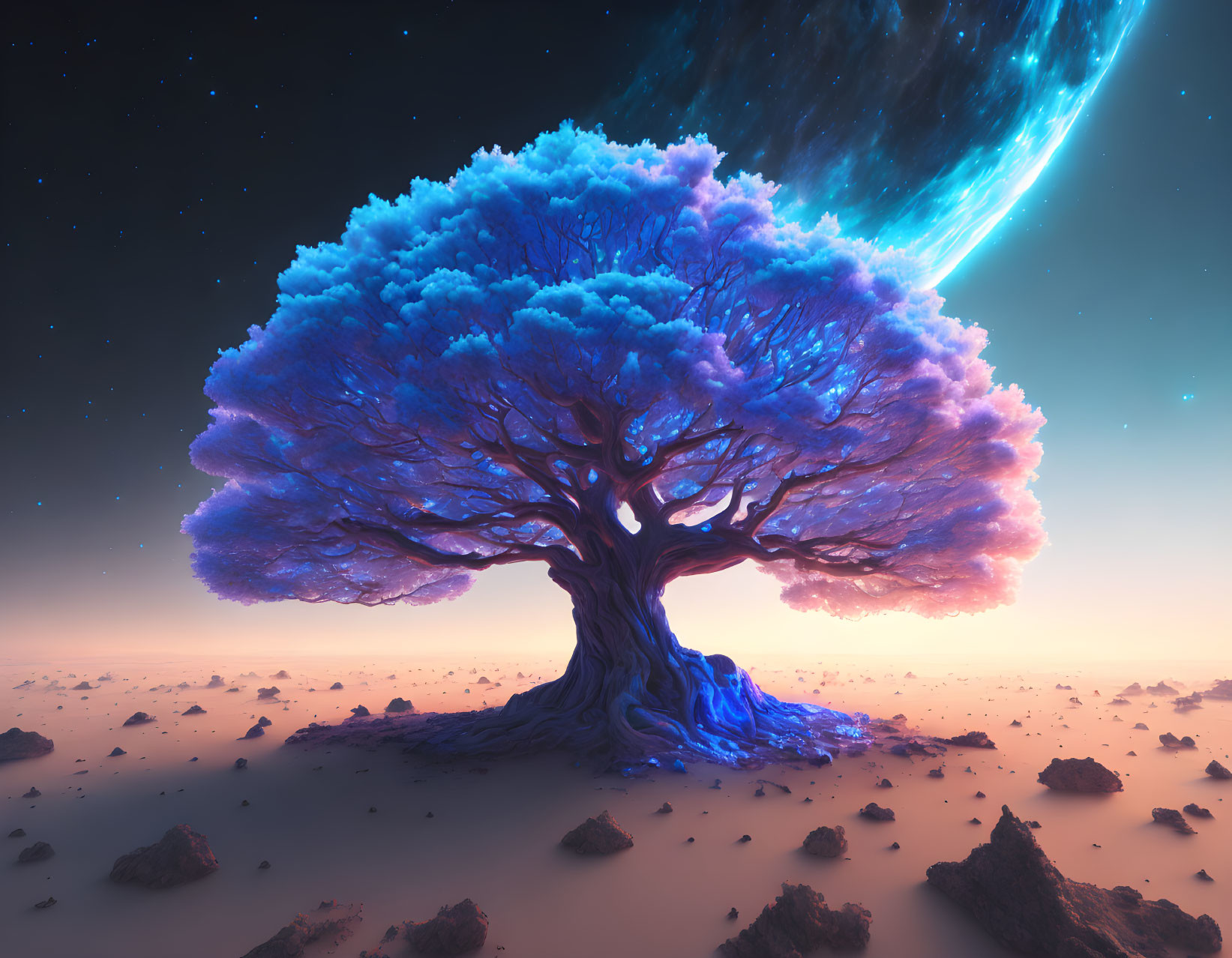 Glowing blue foliage tree in barren landscape under starry sky