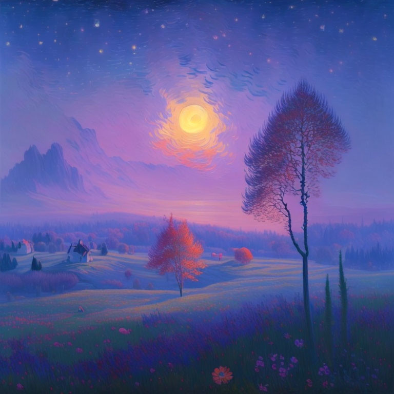 Surreal twilight landscape with glowing moon, windswept tree, and flowering fields