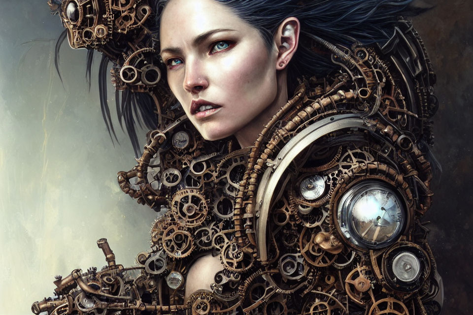 Steampunk-themed woman with mechanical collar in digital painting