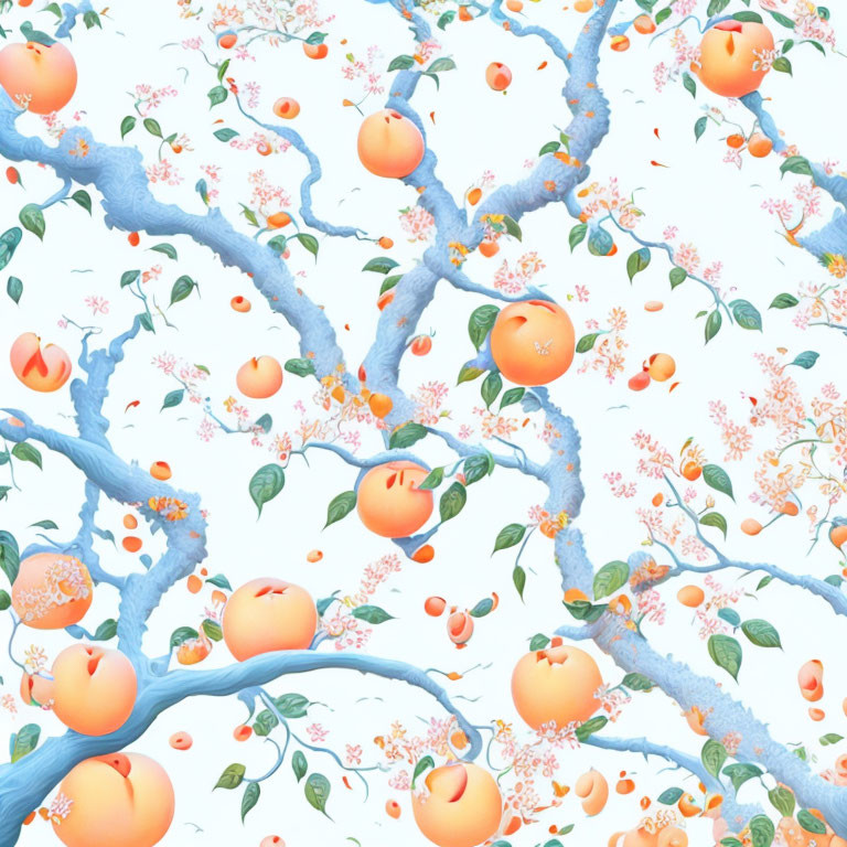 Colorful Illustration of Blue Tree Branches with Orange Fruits and Flowers