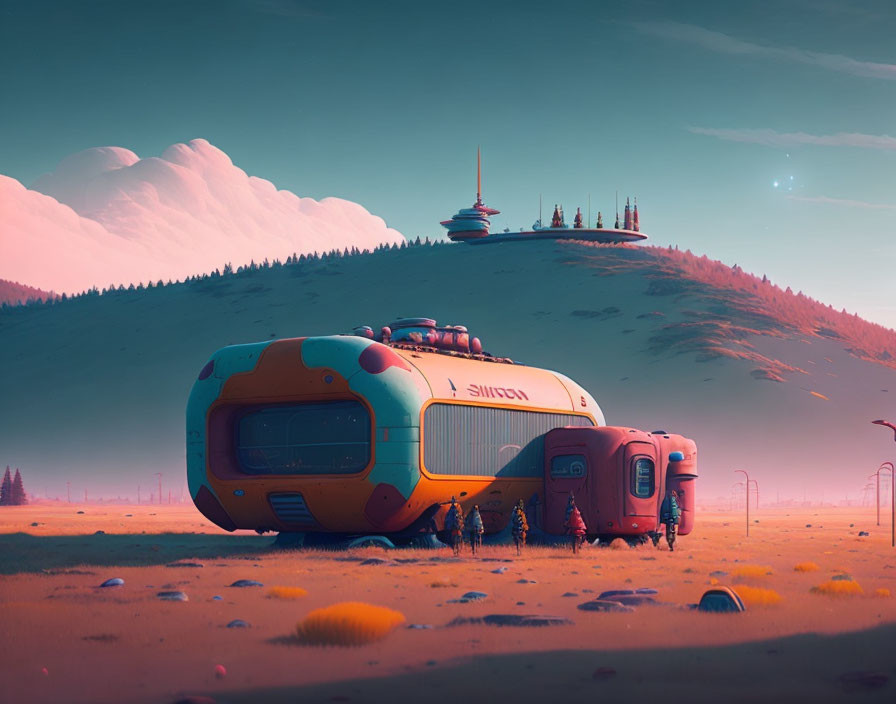 Futuristic orange bus in desert with modern structure and pastel sky