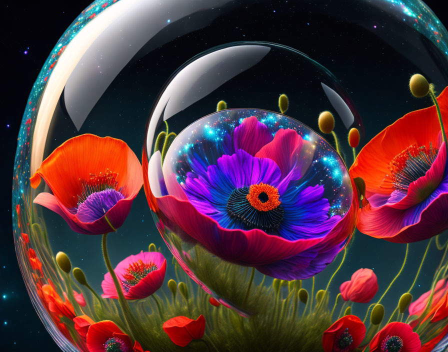 Colorful digital artwork: Poppy-filled spheres on cosmic backdrop