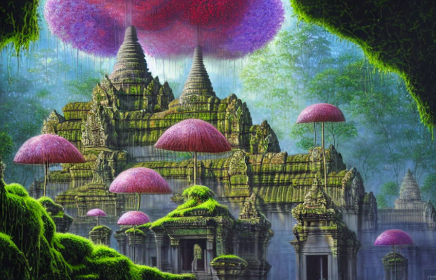 Fantasy temple with greenery, red mushrooms, and pink foliage in misty setting