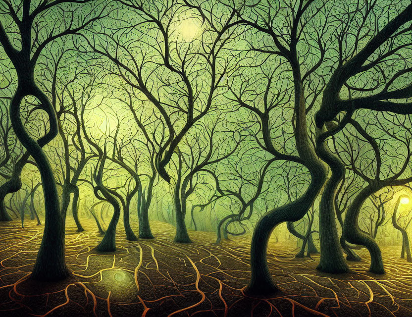 Mystical Forest with Twisting Trees and Glowing Paths