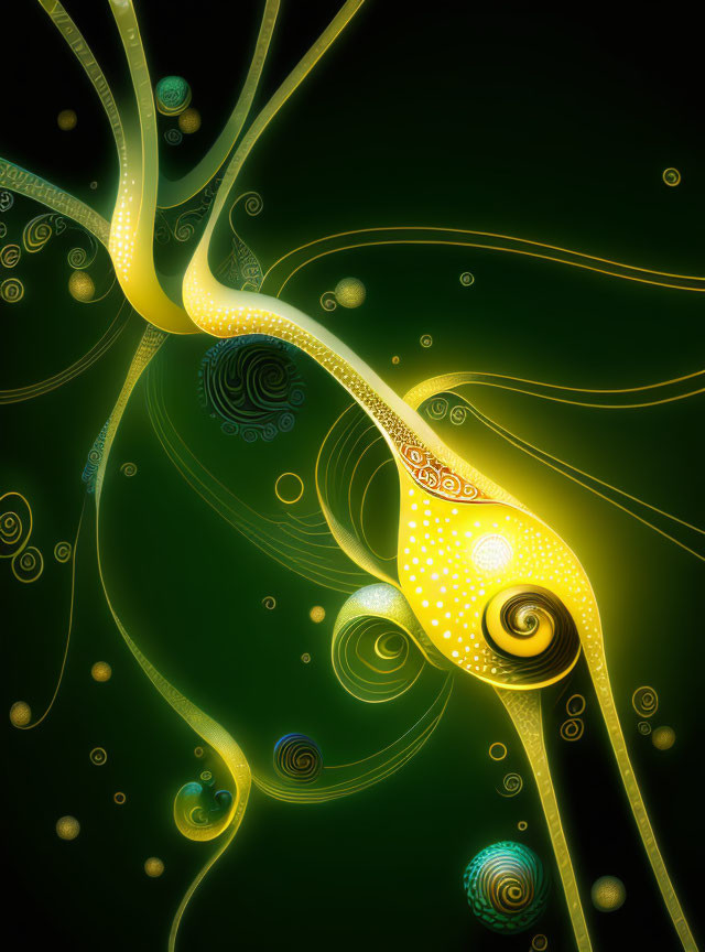 Swirling yellow and green patterns on dark background - Abstract Art