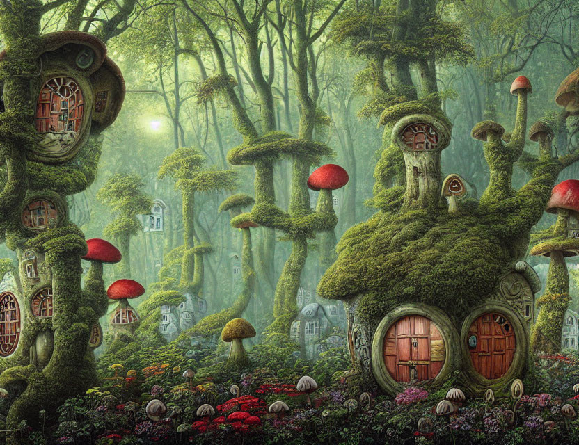 Whimsical treehouses and glowing mushrooms in enchanted forest