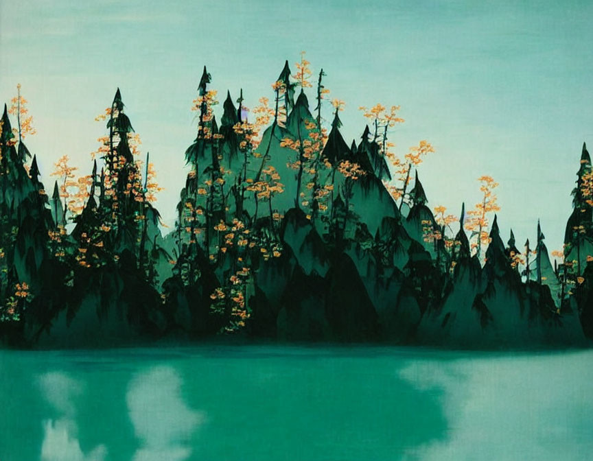 Tranquil landscape painting: Turquoise waters, green mountains, golden foliage