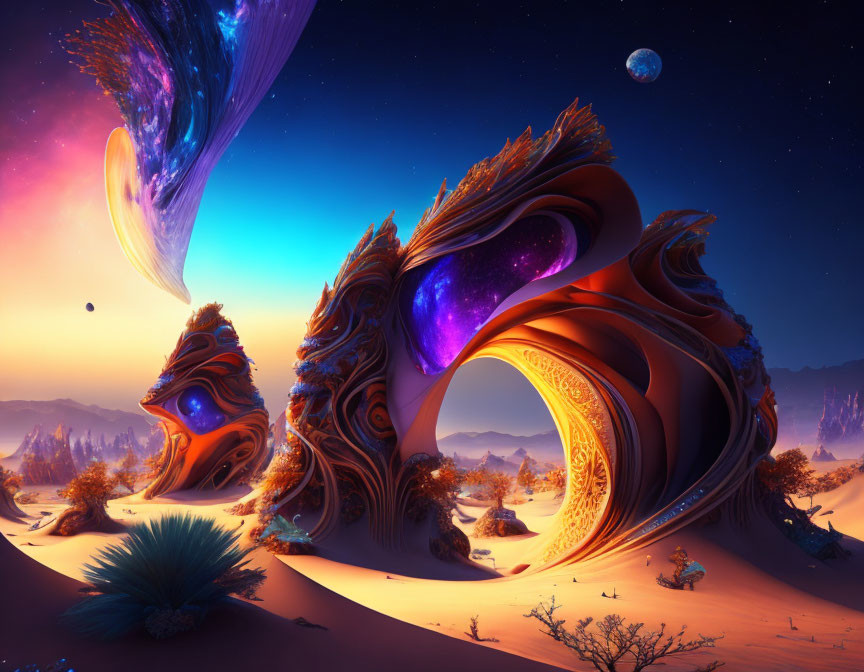 Colorful swirling rock formations in surreal desert landscape under cosmic sky