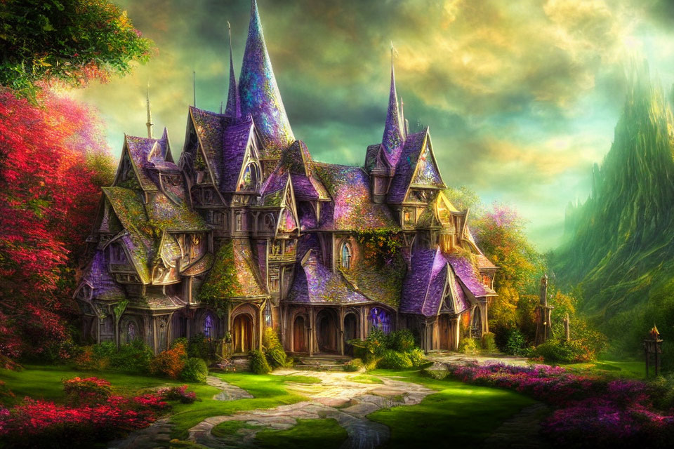 Colorful Fantasy Castle Surrounded by Vibrant Garden and Mystical Forest