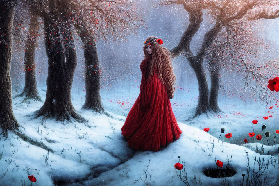 Mystical figure in red cloak among snow-covered trees with red flowers