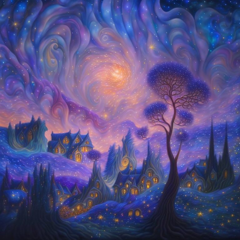 Vibrant galaxy sky over fantasy landscape with glowing tree