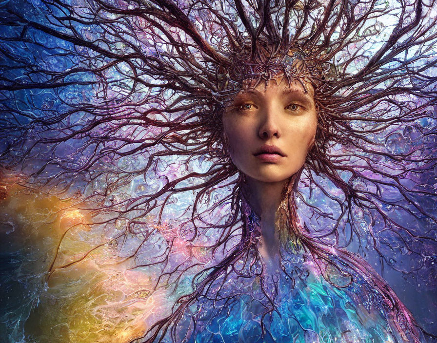 Woman with tree branches hair in cosmic backdrop with blues, purples, yellows