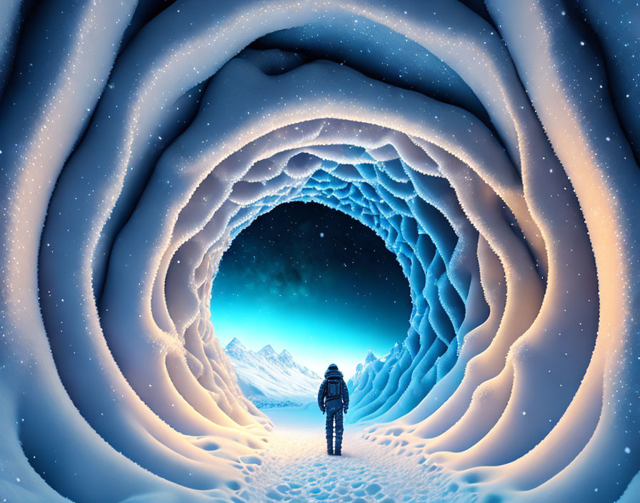 Person at Glowing Ice Cave Entrance with Starry Sky & Winter Landscape