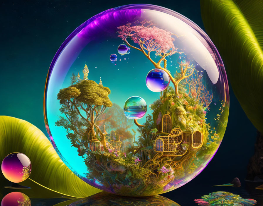 Vibrant ecosystem in transparent bubble with floating orbs and lush greenery