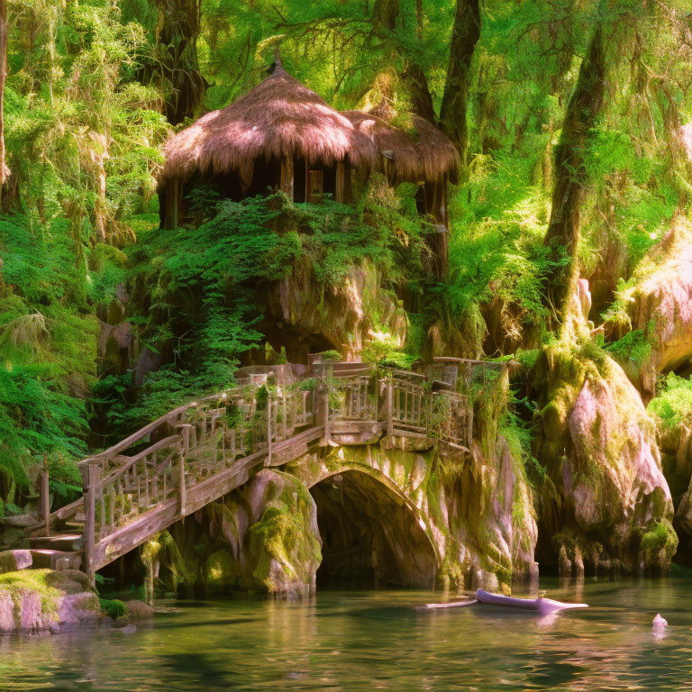 Tranquil riverside landscape with thatched-roof hut and wooden bridge