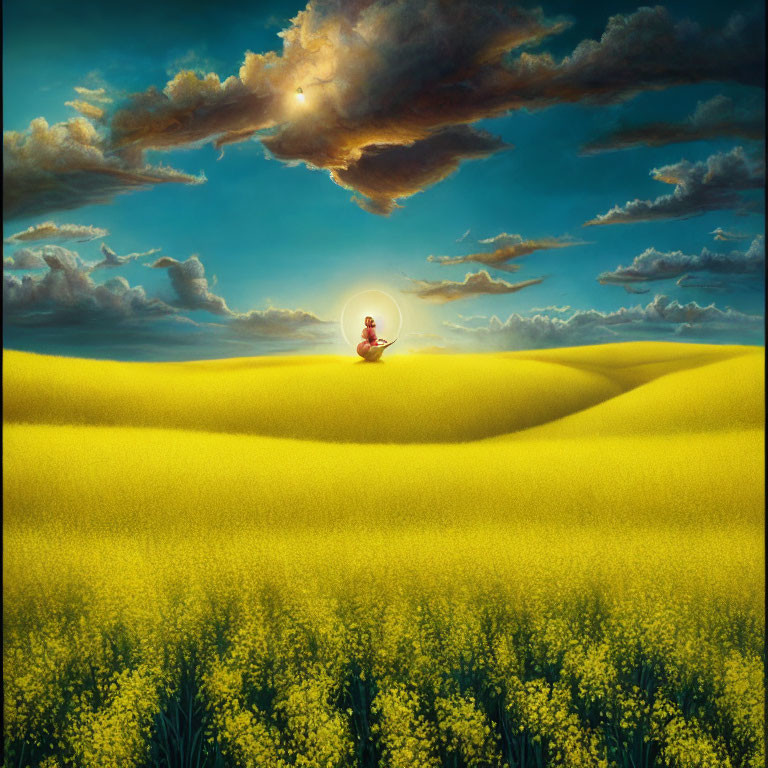 Person meditates in vast golden field under dramatic sunset sky