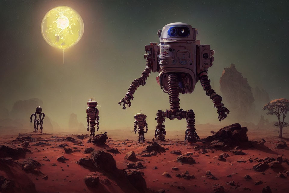 Group of robots traversing rocky Martian landscape under large moon