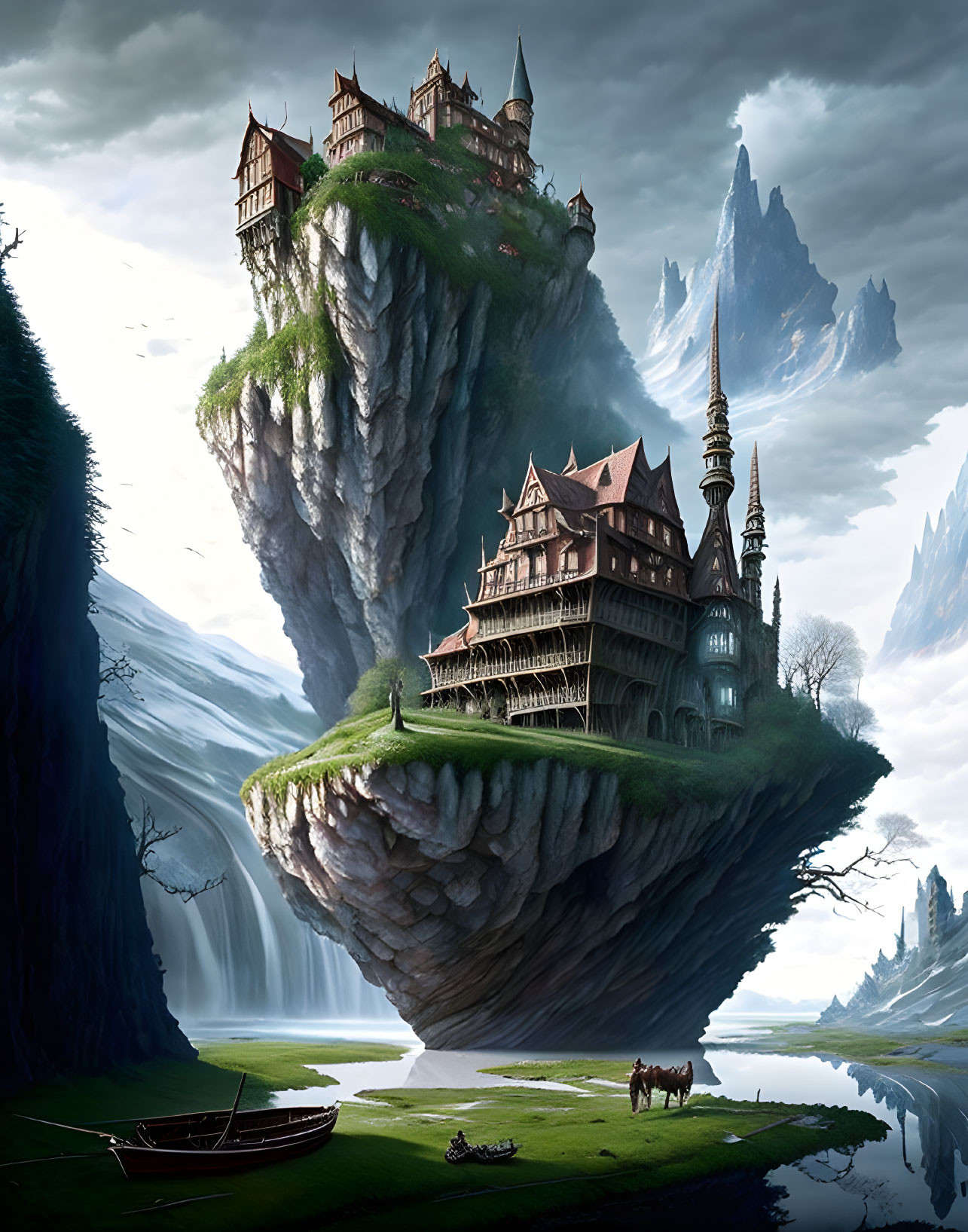 Fantasy Landscape with Floating Castles, Waterfalls, Boat, and Grazing Horses