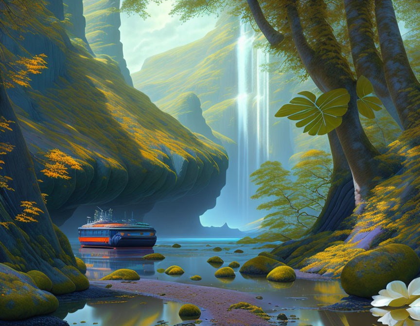 Tranquil blue river in mystical forest with waterfall and futuristic boats