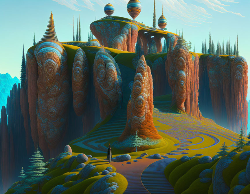 Vibrant surreal landscape with patterned spires and vibrant vegetation