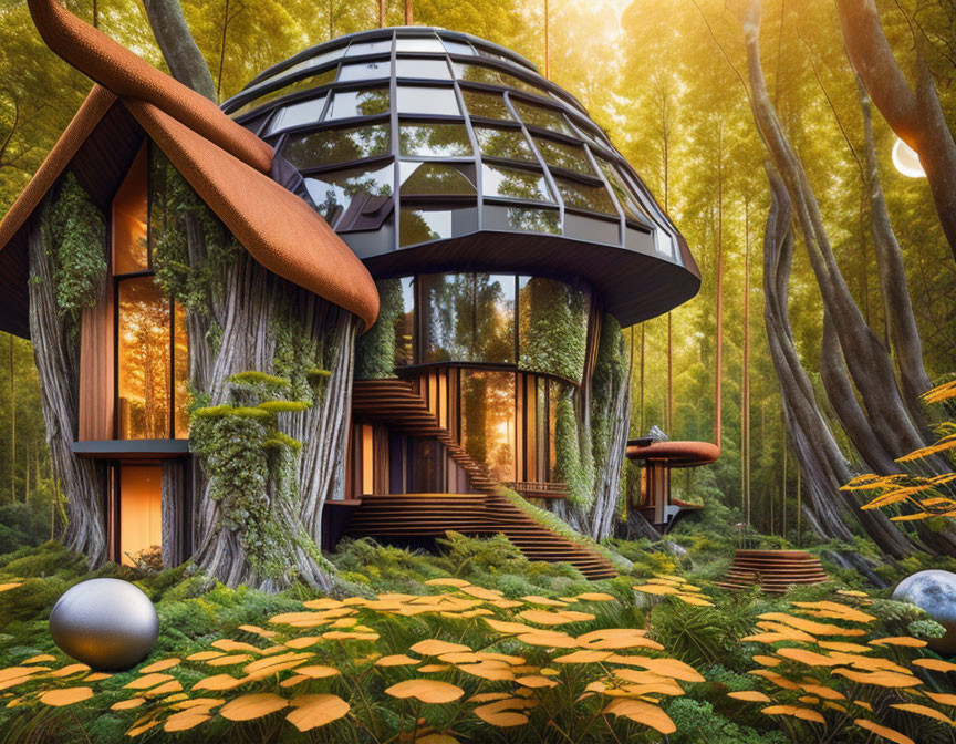 Dome-shaped house in lush forest with spiral stairs and reflective sphere