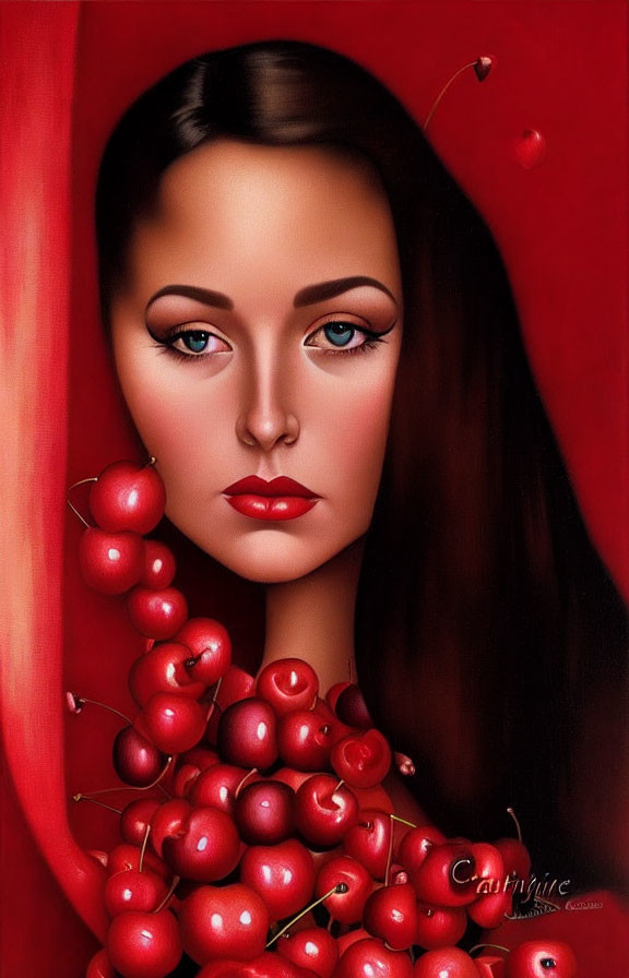 Dark-Haired Woman with Blue Eyes Surrounded by Red Cherries on Red Background