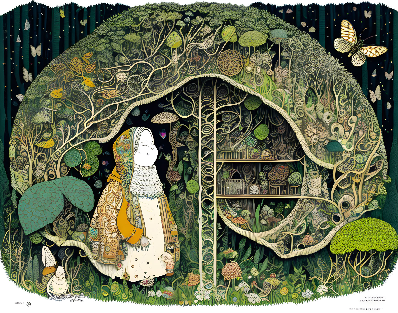 Girl with Rabbit in Whimsical Tree Library Surrounded by Nature