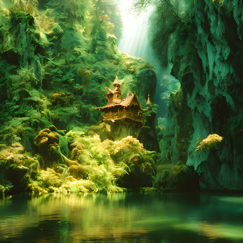 Mystical forest scene with sunrays, temple, river