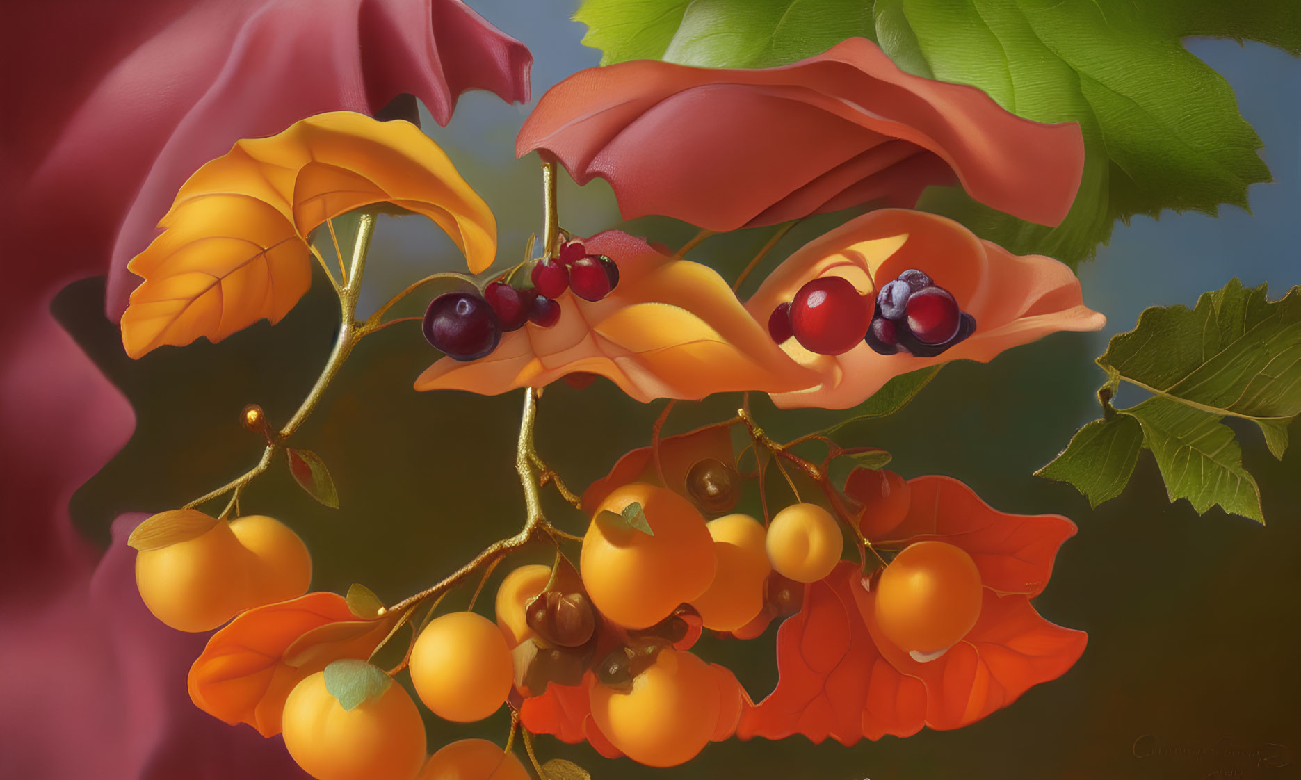 Colorful depiction of red cherries and golden berries on lush green branches.