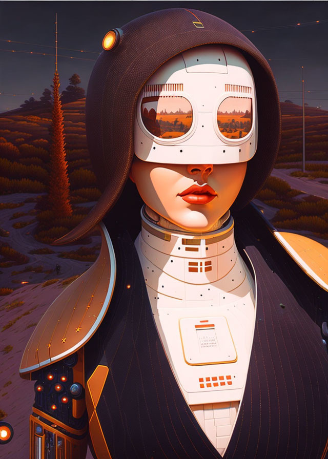 Digital artwork: Female figure in futuristic attire with oversized sunglasses on orange landscape