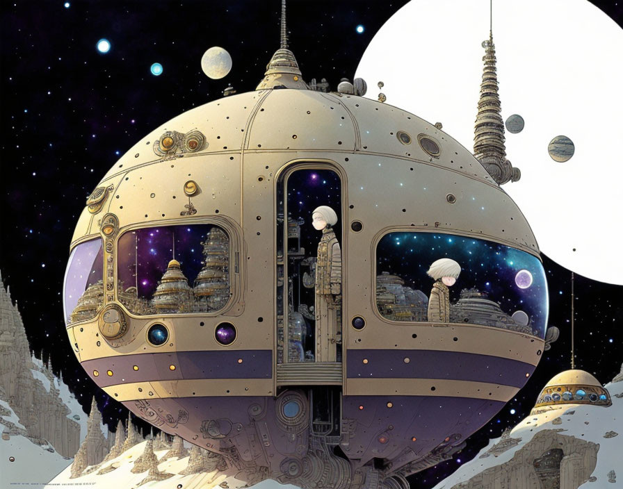 Intricately detailed spacecraft on celestial surface with astral travelers