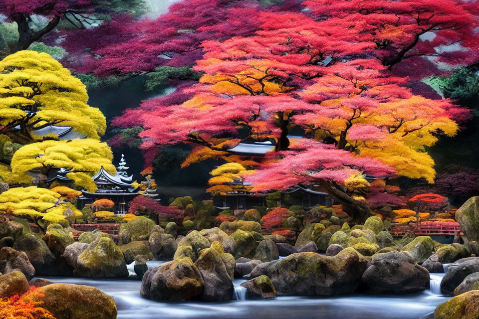 Tranquil Japanese garden with stream, colorful trees, mossy rocks, and pagoda