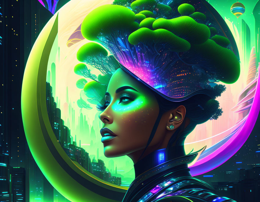 Futuristic portrait of woman with neon hair in vibrant cityscape