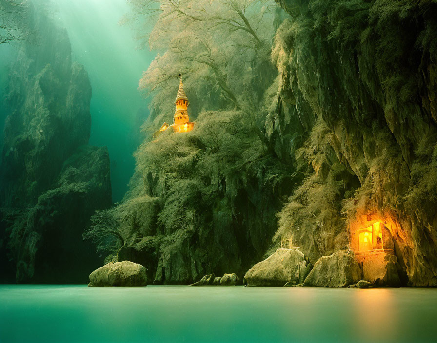 Mystical pagoda in serene landscape by turquoise river