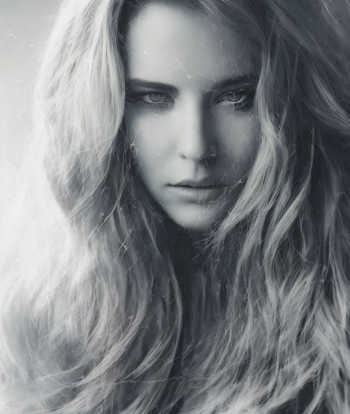 Monochromatic portrait of woman with long wavy hair and intense gaze