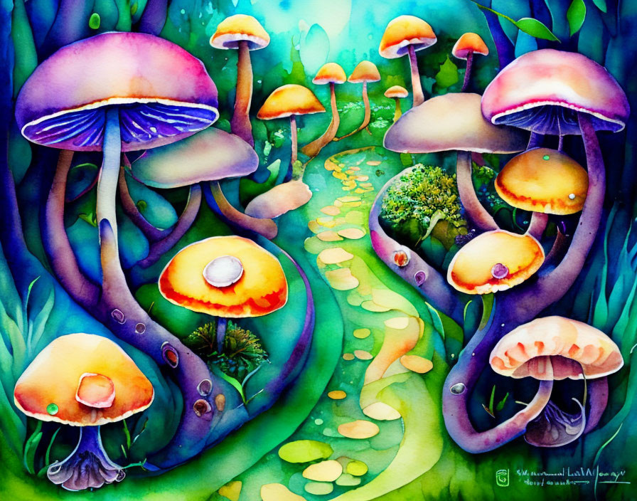 Colorful Watercolor Painting of Enchanting Mushroom Forest