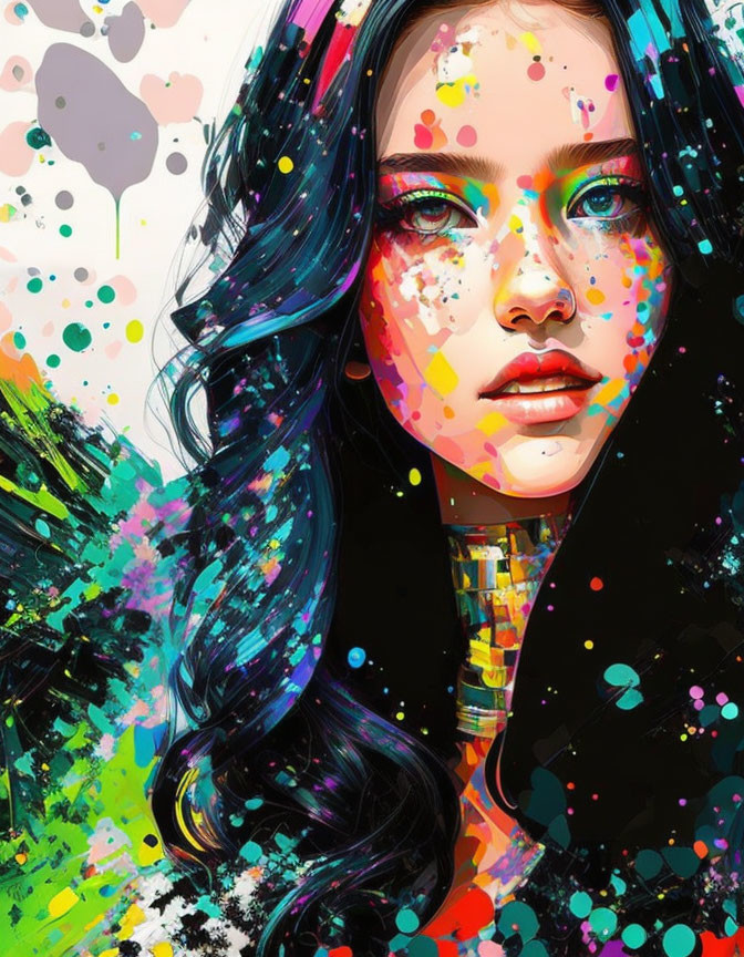 Vibrant digital portrait with colorful paint splatters on woman's face