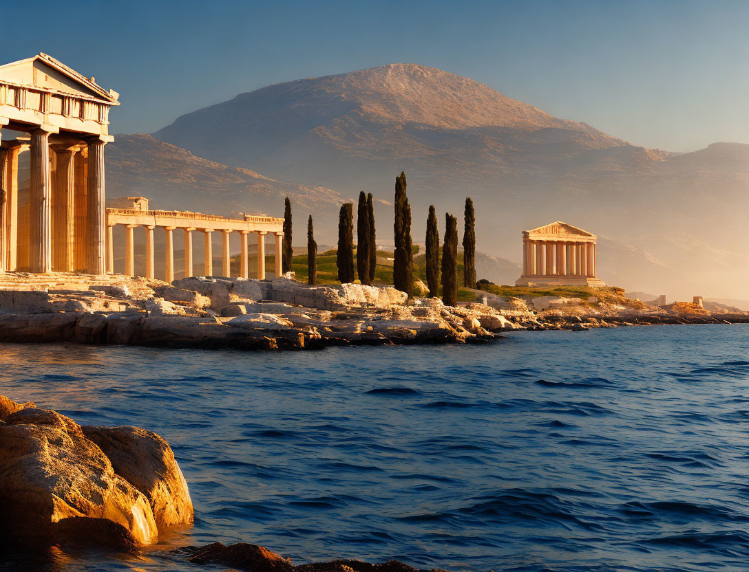 Ancient Greek columns by the sea with mountain backdrop at sunset