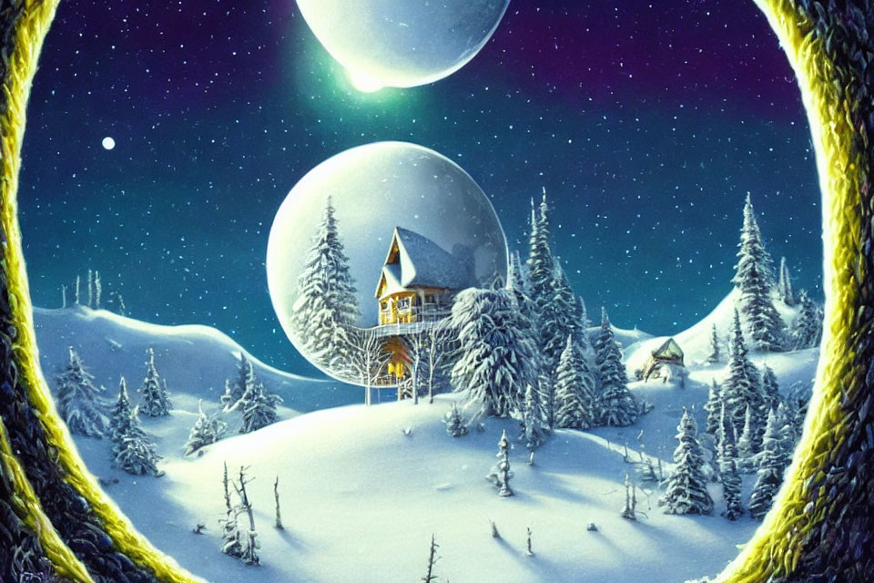 Winter scene with cozy house, snowy trees, and surreal night sky.