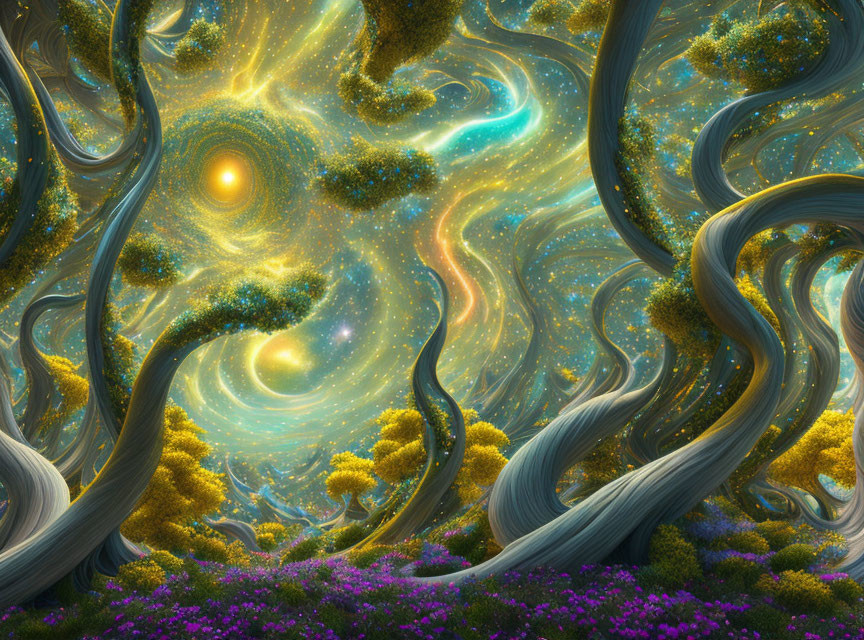 Surreal forest with twisted trees and celestial elements