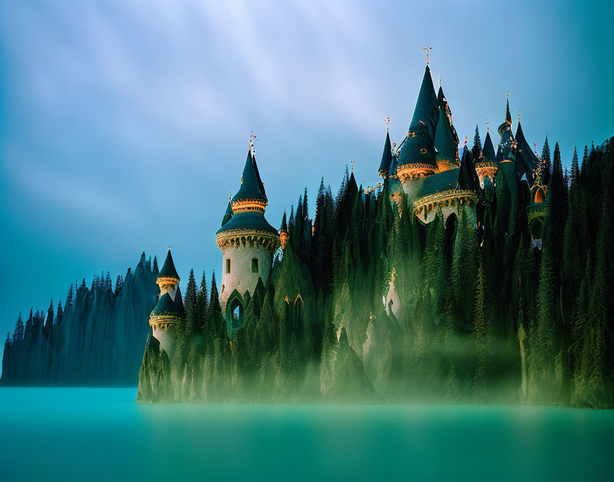 Majestic fairy tale castle with spires in twilight forest setting