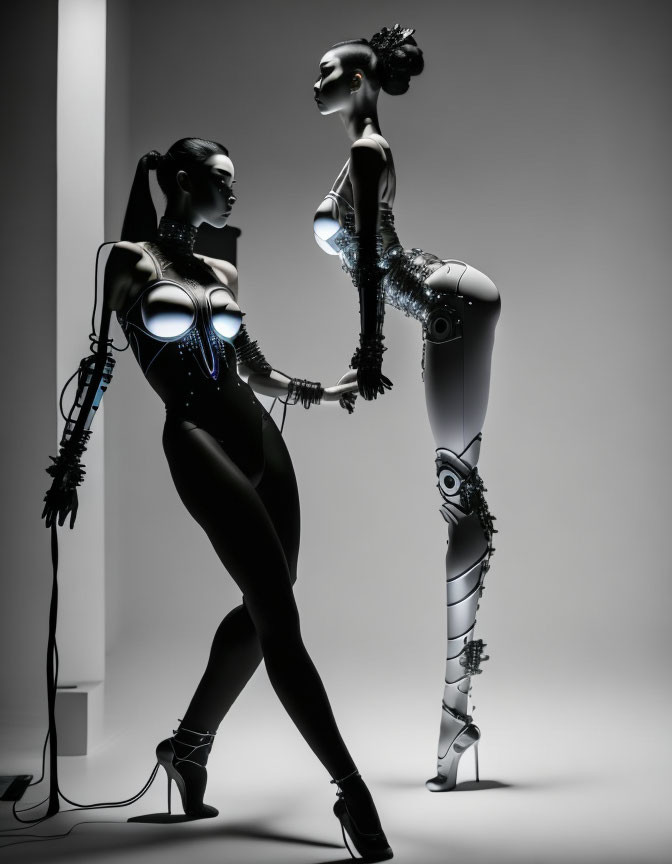 Futuristic female robots with exposed mechanical parts on gradient background