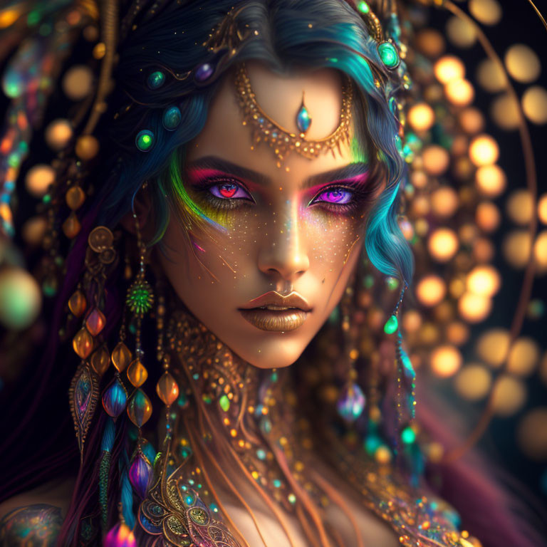 Vibrant Portrait of Mystical Woman with Blue Hair and Purple Eyes