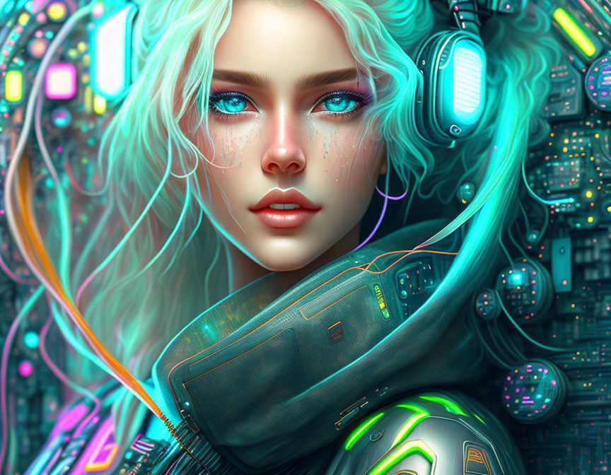 Digital Artwork: Woman with Pale Blue Hair and Blue Eyes in Futuristic Neon Setting