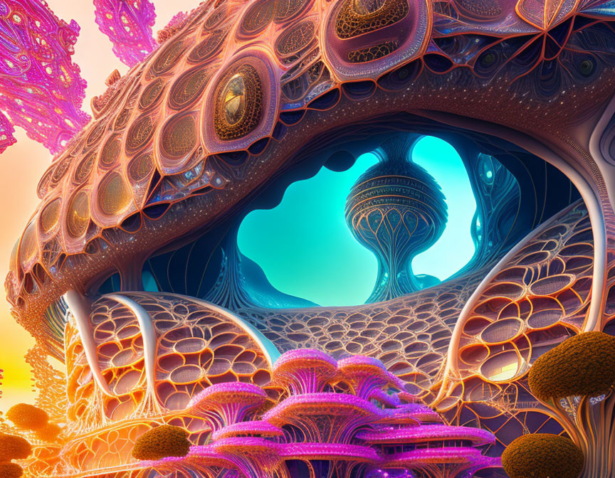 Colorful fractal landscape with alien architecture and intricate patterns