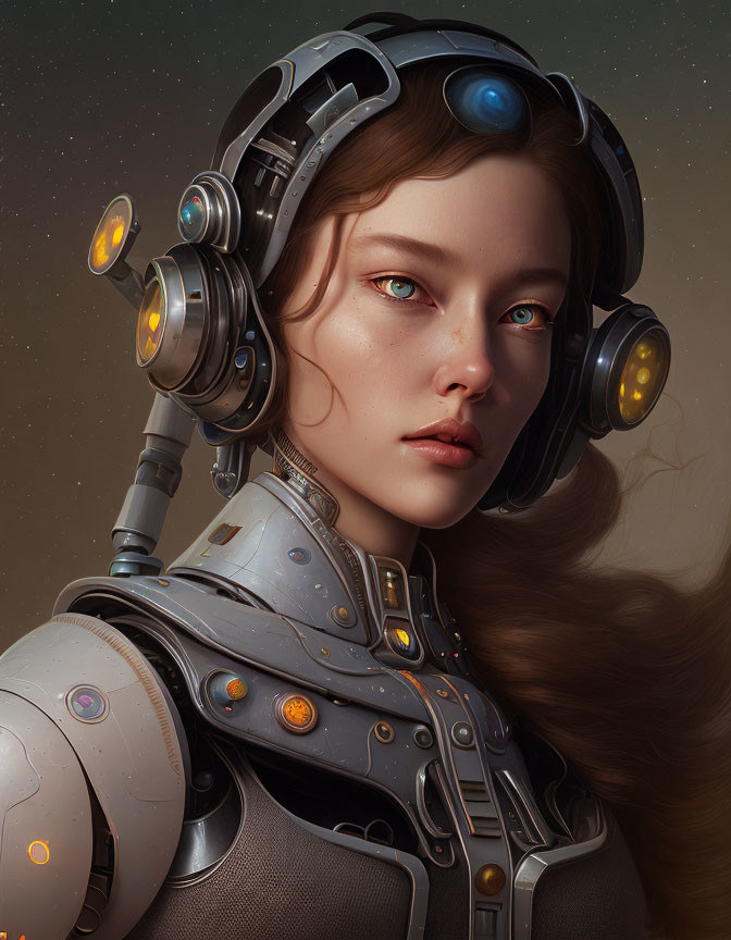 Futuristic digital artwork of a woman with illuminated armor and headphones