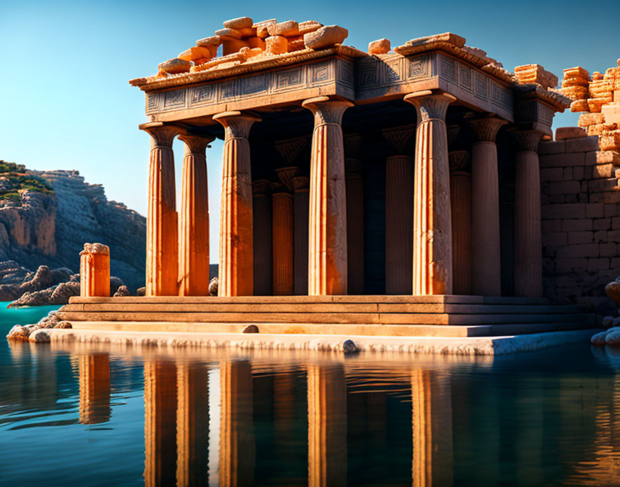 Ancient classical temple with towering columns near tranquil water and rocky cliffs under clear blue sky.