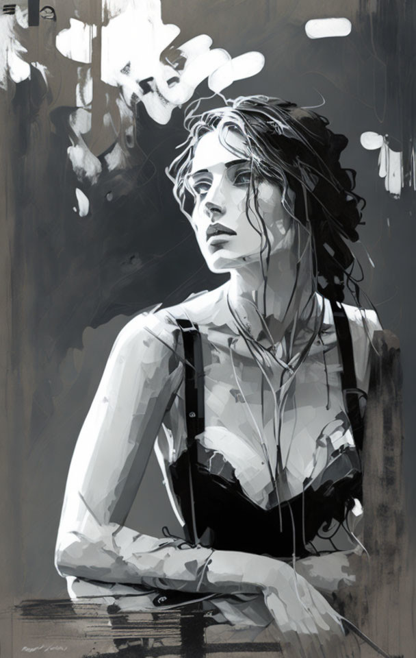 Monochrome digital painting of a contemplative woman in sleeveless top and suspenders