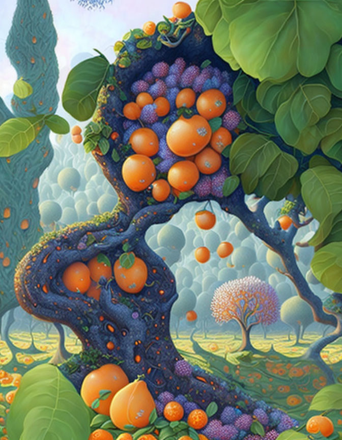 Colorful whimsical tree illustration with orange fruits and purple accents in a dreamlike landscape