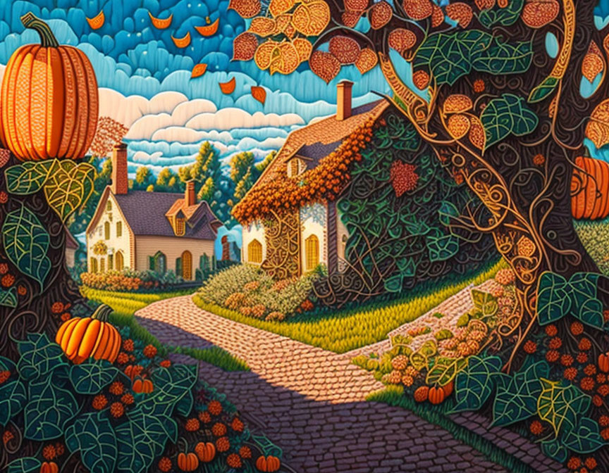 Colorful Artwork: Quaint House, Cobblestone Path, Trees, Pumpkins, and